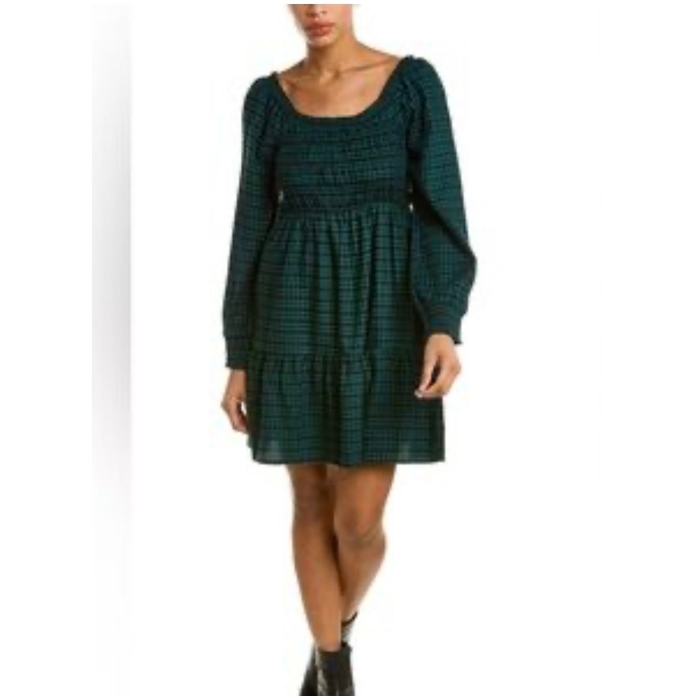 Lucky Brand Plaid Smocked‎ Dress Long Sleeve Green Size Large NWT